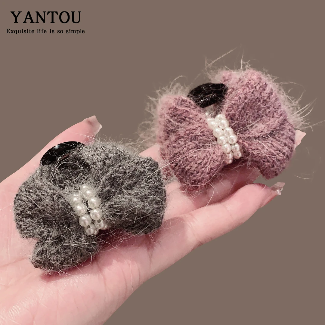 韩国甜美毛线蝴蝶结小抓夹气质珍珠丸子头扎发夹后脑勺半扎发头饰