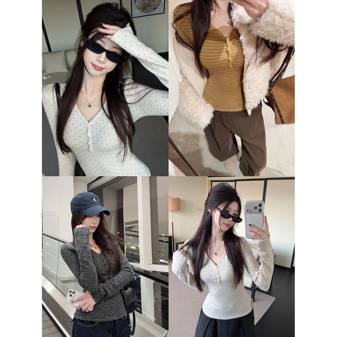 溪溪靓衫~ 云朵绒感 正肩V领显瘦磨毛内搭打底衫女纽扣亨利衫上衣