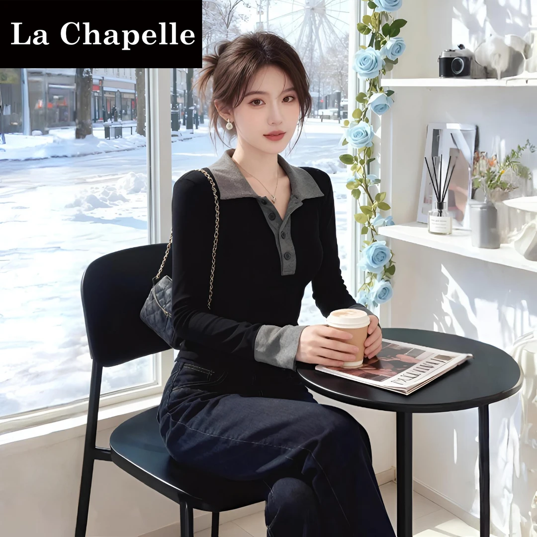 拉夏贝尔polo翻领修身内搭长袖T恤女新款冬季高级感显瘦百搭上衣