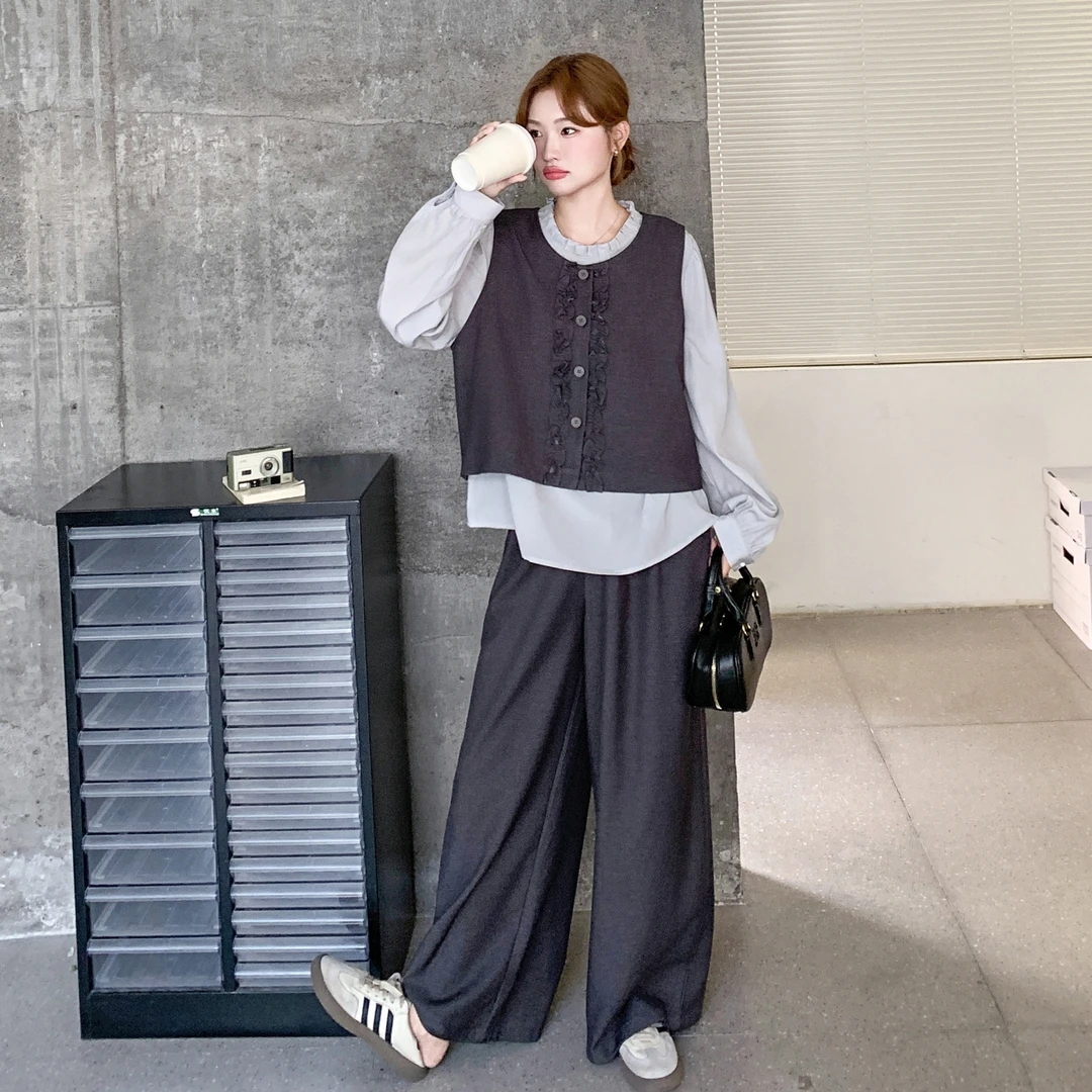 韩系木耳边马甲衬衫阔腿裤三件套女2025秋季新款减龄休闲通勤套装