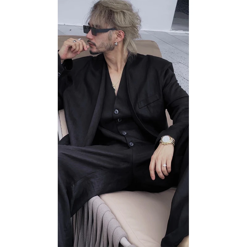 春夏新款高级感复古亚麻西装套装痞帅休闲无领西服直筒长裤