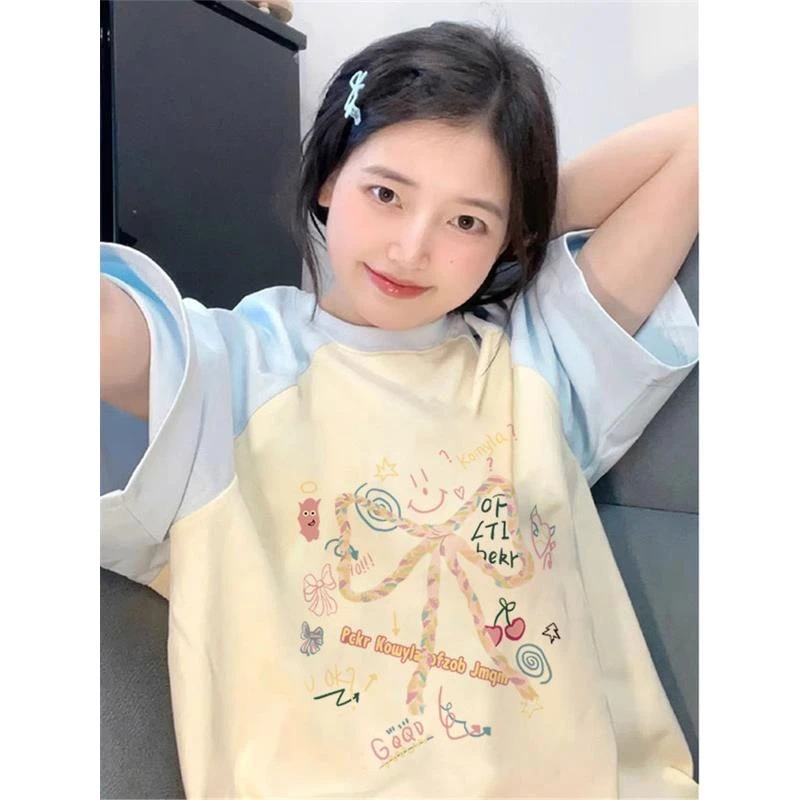 纯棉大码短袖胖MM插肩袖撞色拼接美式T恤女夏季韩版学生ins情侣装