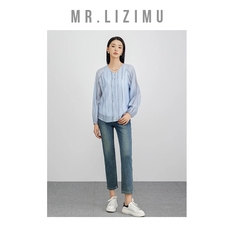 李子木先生新款V领条纹衬衫显瘦休闲短袖衬衫女「欧若风穿搭」C7105