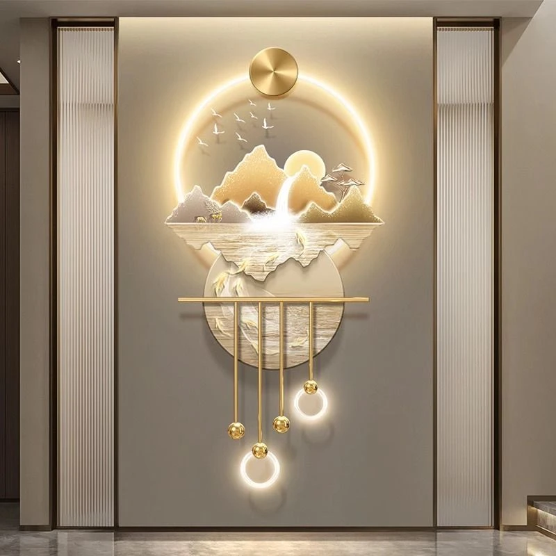 轻奢流水生财玄关装饰画九鱼图入户发光壁饰山水走廊过道带灯挂画