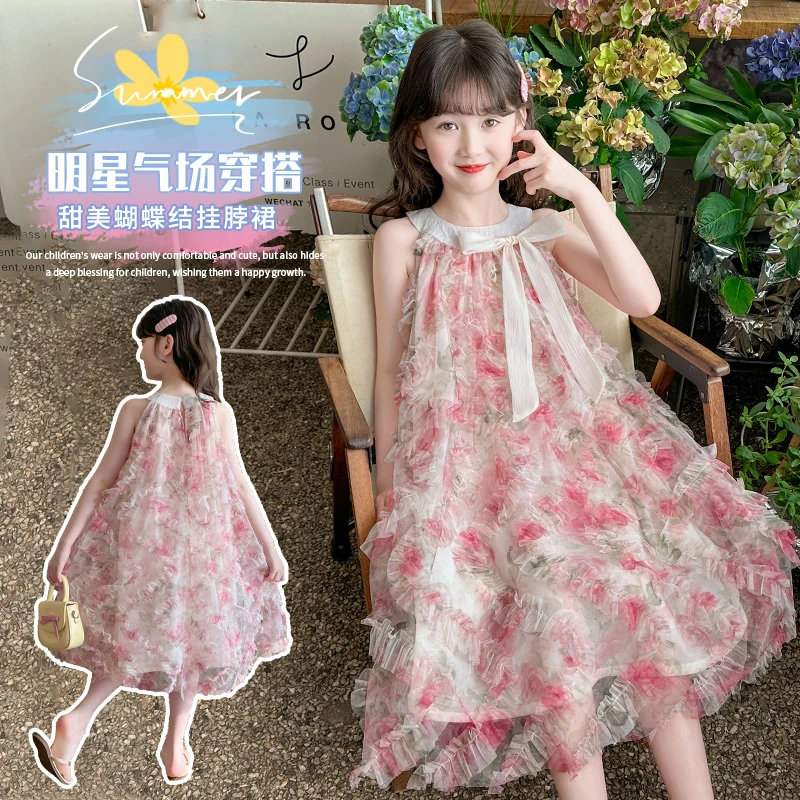 2025款女中大童夏季公主裙蝴蝶结女童裙子挂脖碎花甜美连衣裙