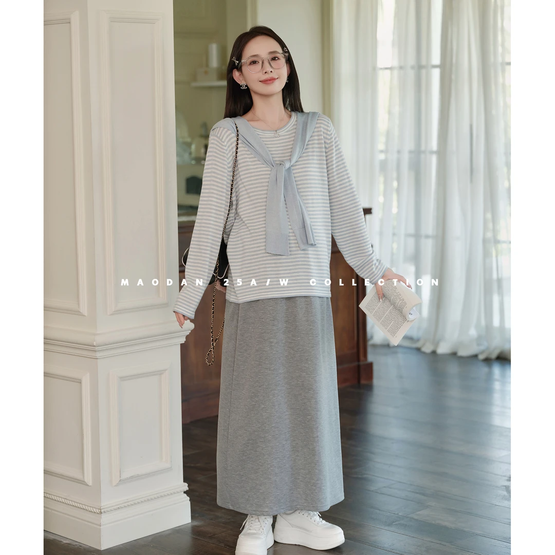 maodan/猫单【海风书信】孕妇装秋季新品时尚百搭洋气条纹上衣半裙
