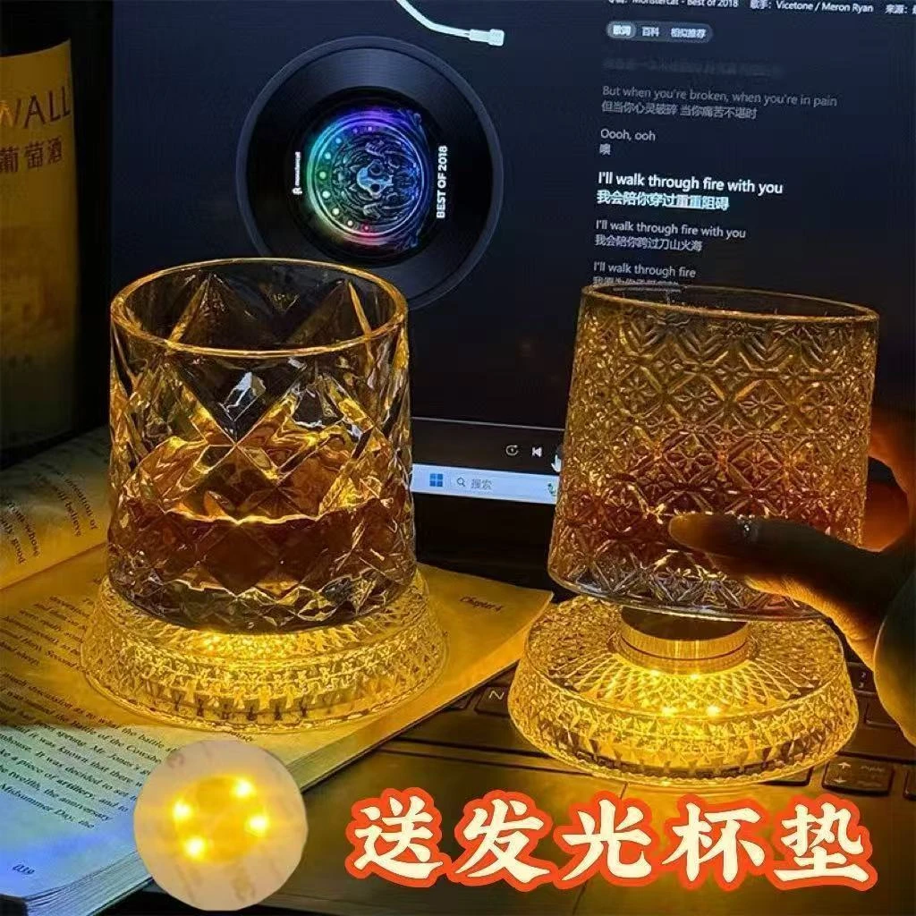 【送发光杯垫】麦卡伦同款发光旋转威士忌酒杯转转解压洋酒杯不倒翁