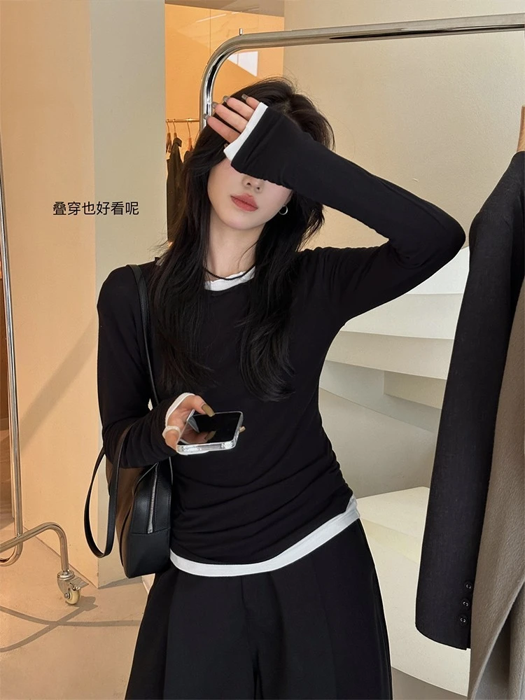 叠穿也好看～早秋新款木耳边长袖T恤女黑色百搭打底衫柔软内搭上衣