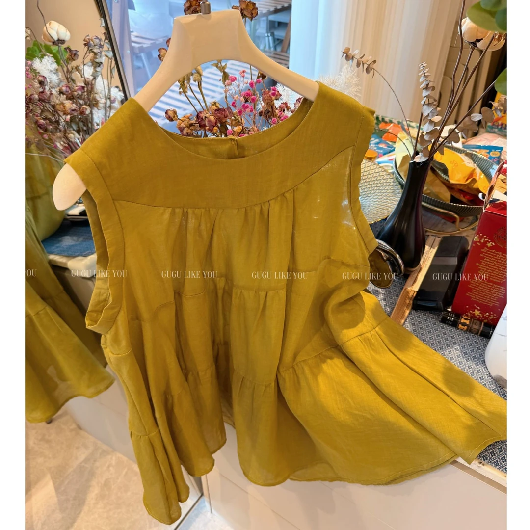 【古古】超好穿后背系带100%苎麻用料2米5的韩系减龄蛋糕上衣G25645