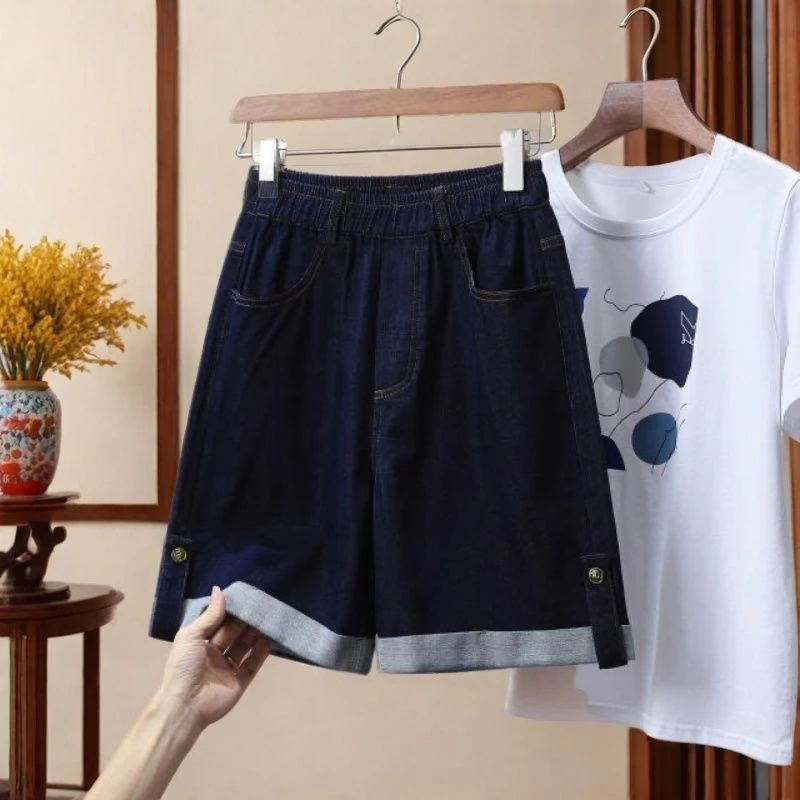 胖mm大码牛仔短裤女夏季薄款天丝五分裤宽松高腰显瘦简约阔腿裤潮