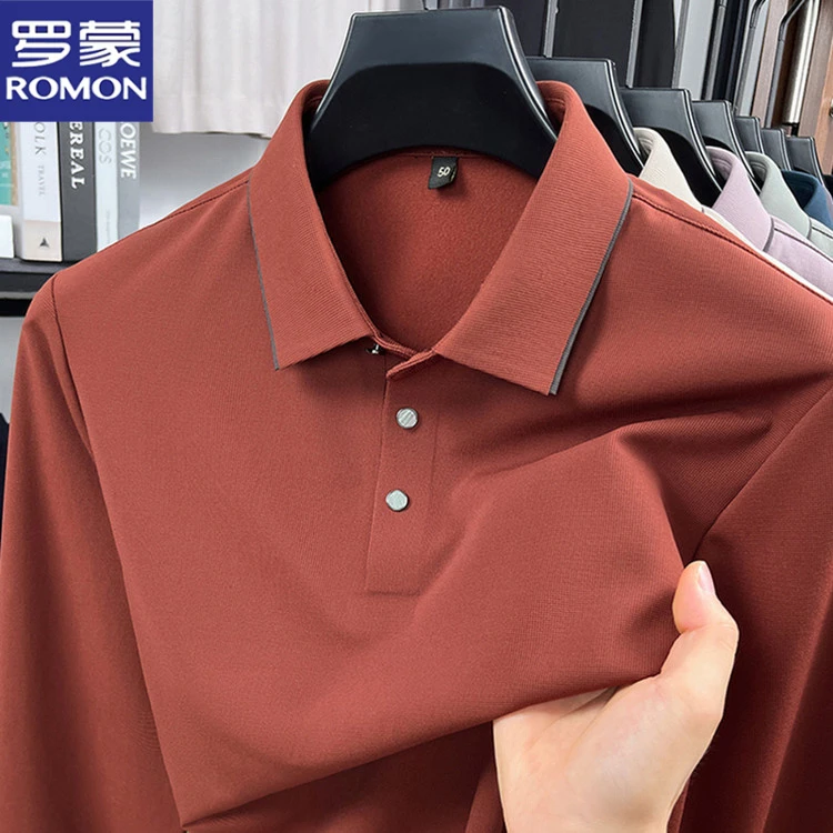 罗蒙春秋季男士锦氨无缝弹力抗皱翻领PoloT恤长袖宽松大码男装潮