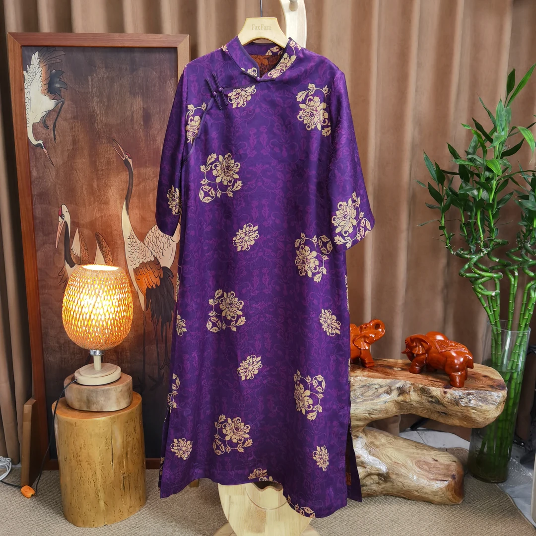 富美国风香云纱连衣裙F6035紫底黄牡丹