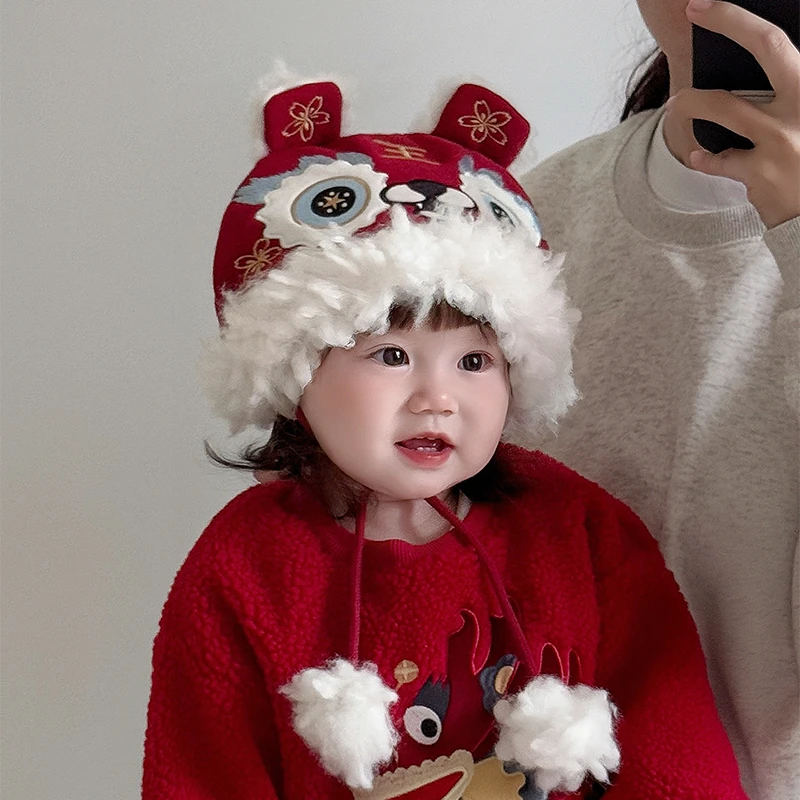 宝宝帽子冬天红色喜庆新年帽婴幼儿虎头帽醒狮帽加厚保暖套头帽潮