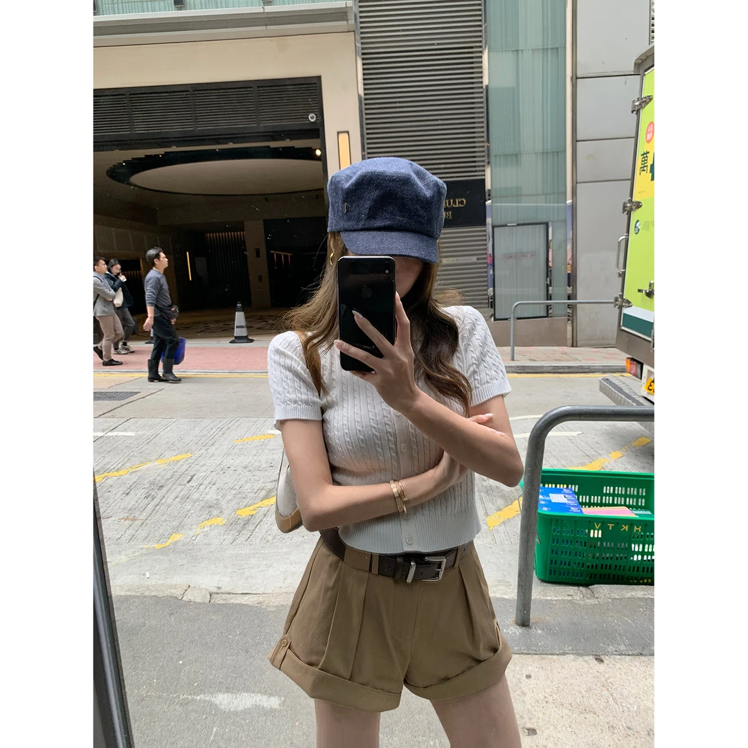 施薇靓 拉夫夏日 高腰卷边天丝棉休闲短裤女慵懒风高级感阔腿裤