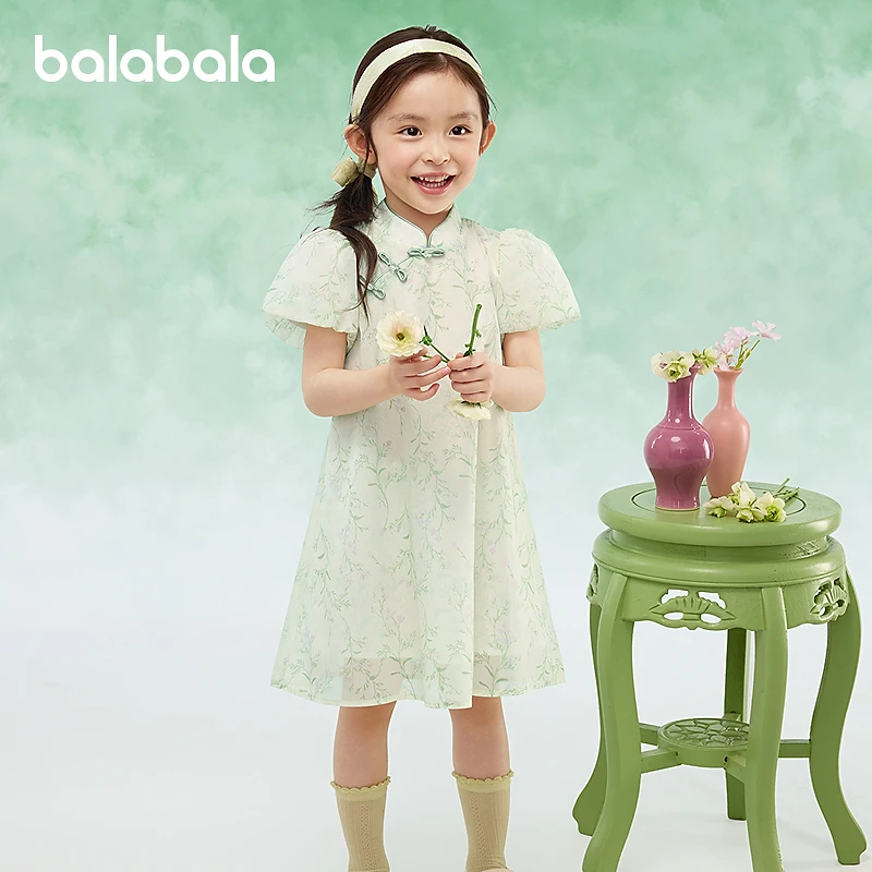 巴拉巴拉女童连衣裙2025新款儿童裙子夏精致立领国风连衣裙新中式
