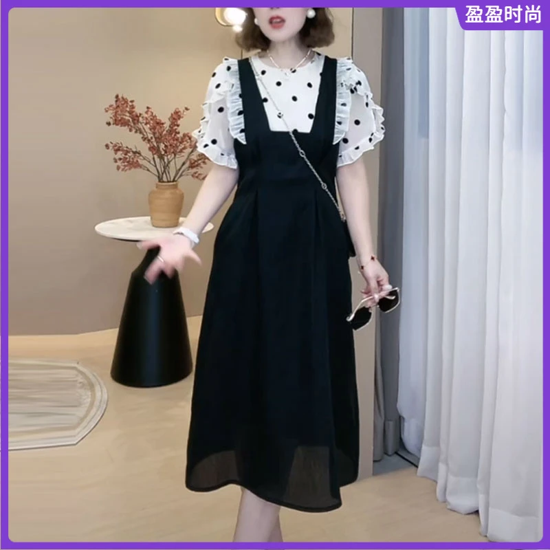 l法式气质假两件背带连衣裙女短袖夏季2025减龄洋气中长款裙子I