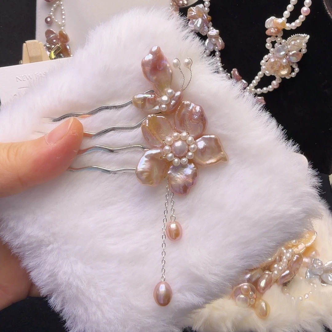 淡水珍珠发饰钛钢小四齿