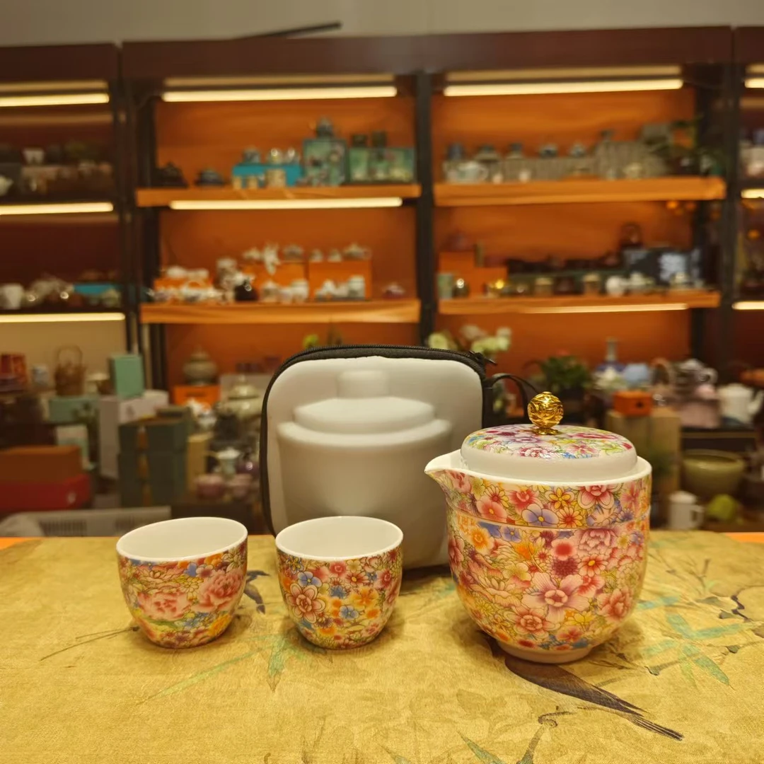 友名 珐琅彩百花旅行茶具户外一壶3杯小套装-5085