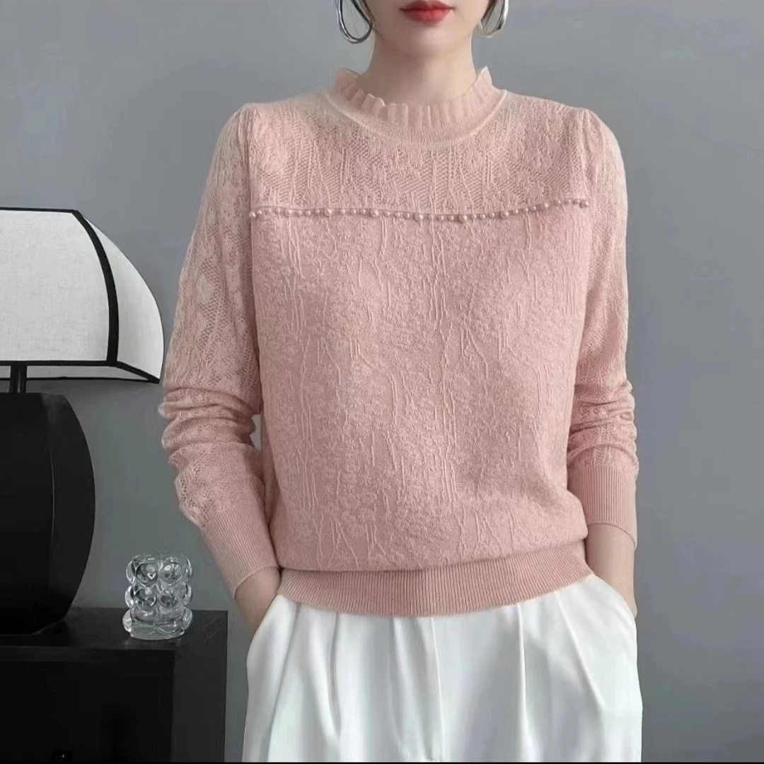 2024秋季新款精纺打底衫女内搭圆领横钉珠半镂空洋气针织衫长袖R5