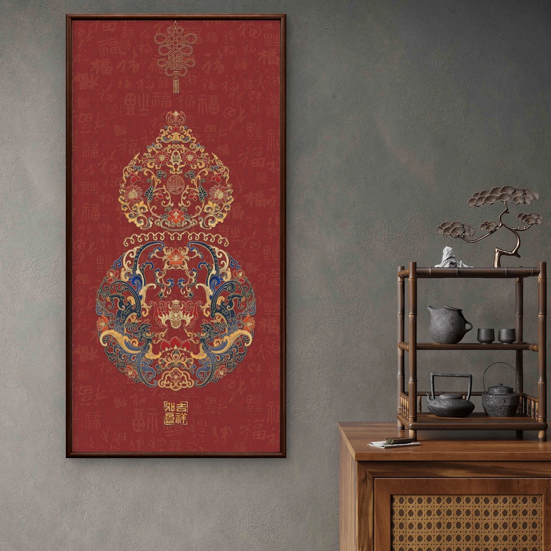 9007-55*110红金葫芦中式装饰画实木框玄关书房茶室客厅挂画