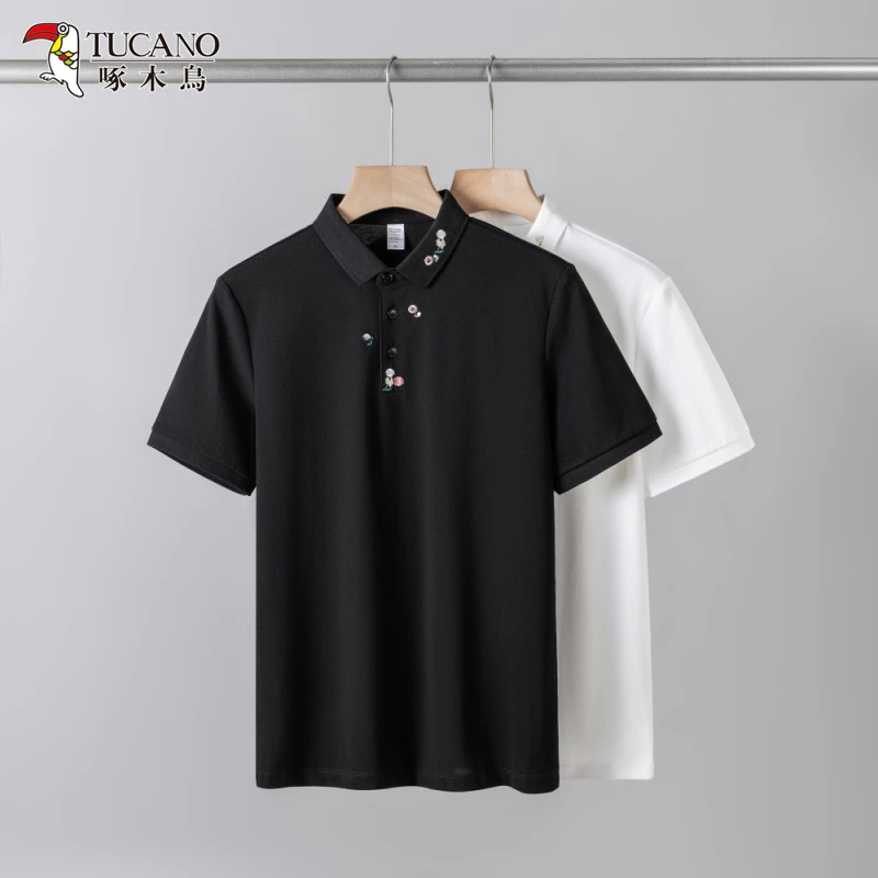 啄木鸟夏季新款领口花卉刺绣polo衫男款休闲翻领冰丝凉感短袖T恤
