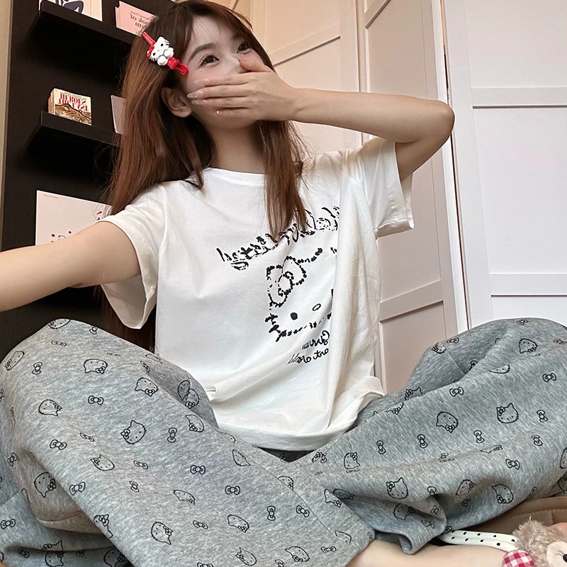 ins少女可爱凯蒂猫短袖睡衣女春夏季2025年新款T恤长裤家居服套装