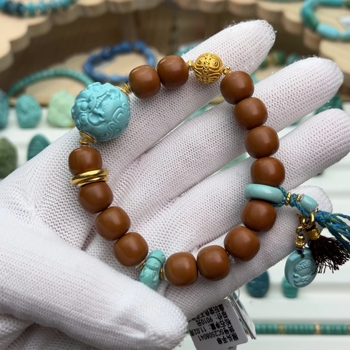 18K金镶嵌绿松石珠宝奇石貔貅圆珠手串