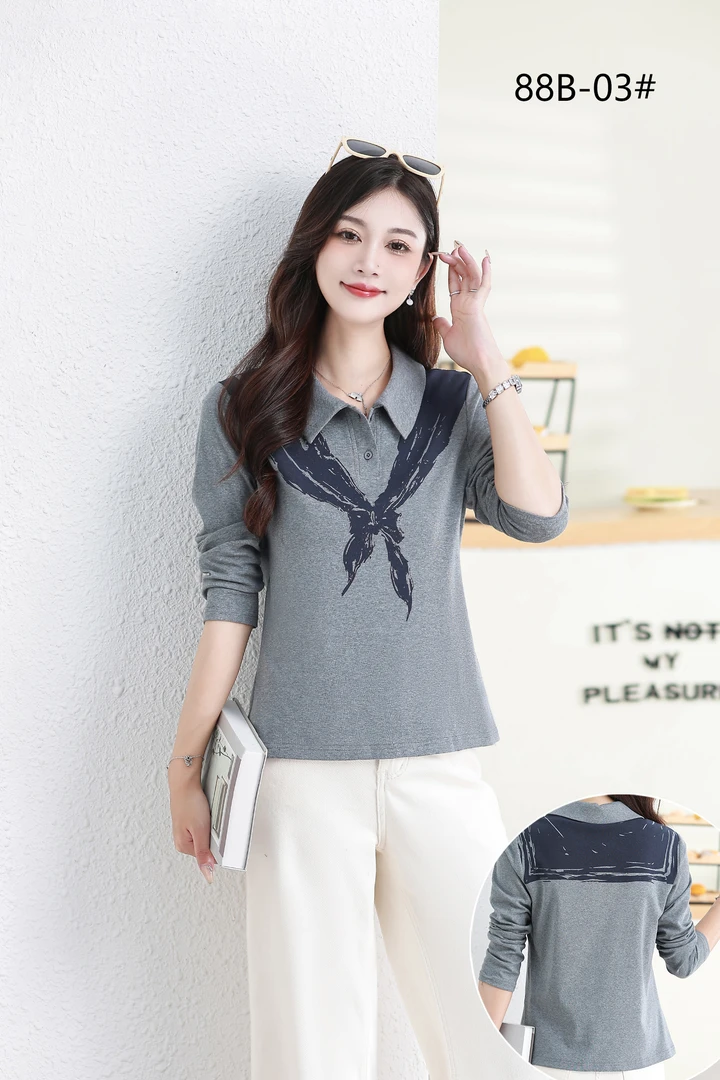 S087  透气领不对称印花翻领短袖休闲风T恤修身型拼色