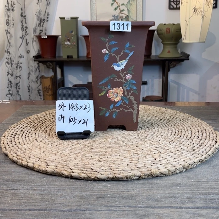 紫砂花盆 紫泥手绘斗签筒1311