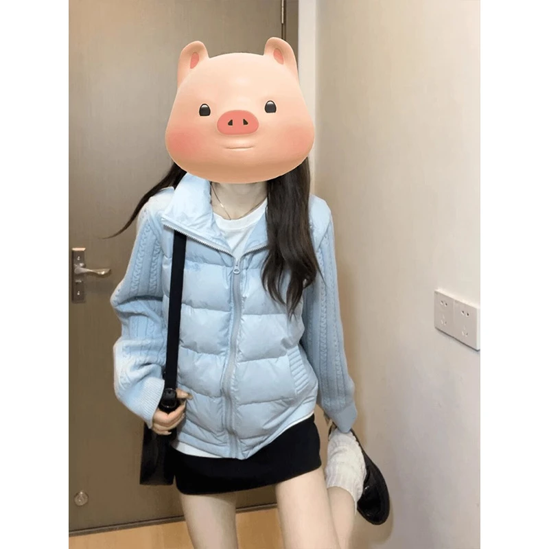 蓝色针织拼接翻领宽松棉服外套女冬季冬装小个子高级感保暖棉袄厚