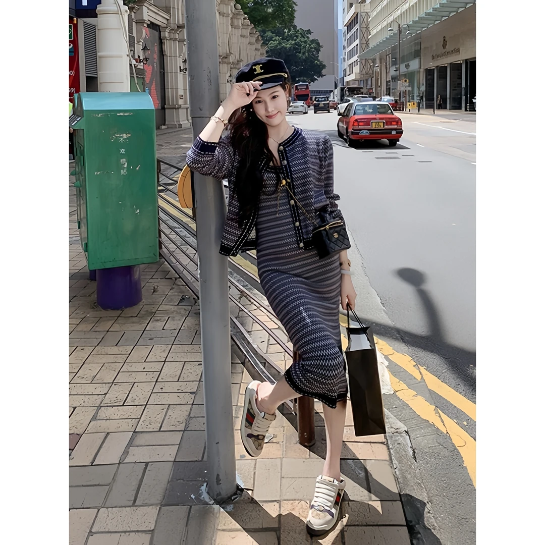 小香风炸街针织连衣裙两件套女秋季新款辣妹提花开衫背心长裙套装