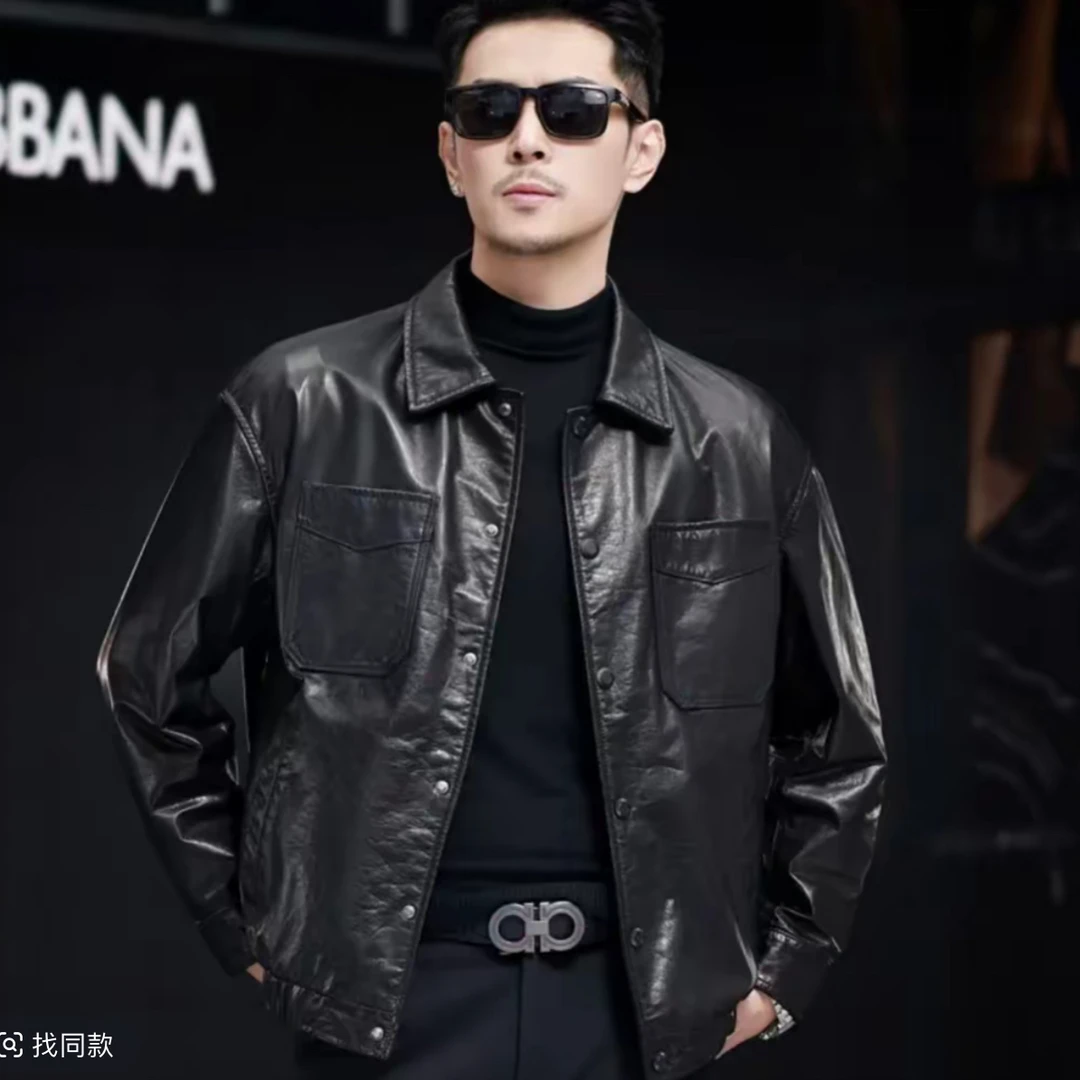 0102男装真皮皮衣常规短款翻领皮夹克头层牛皮落肩休闲百搭外套