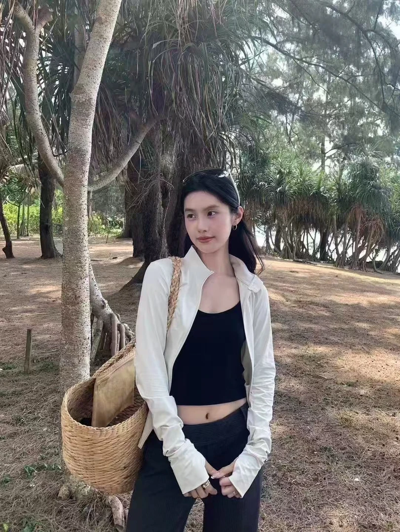 防晒衣薄款长袖夏季百搭时尚白色短外套开襟拼接开衫#瑜伽防晒衣