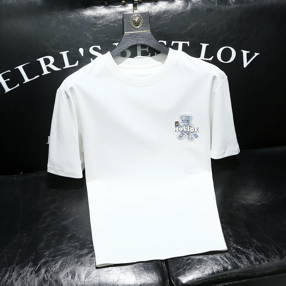 内米霍切时尚男士短袖t恤夏季新款潮流小熊刺绣印花半袖体恤男款