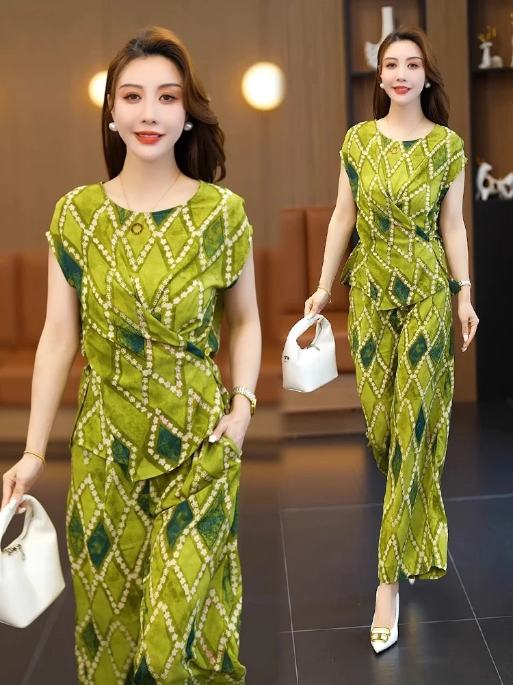 时尚套装女2025夏季新款时髦洋气遮肚子显瘦短袖上衣阔腿裤两件套