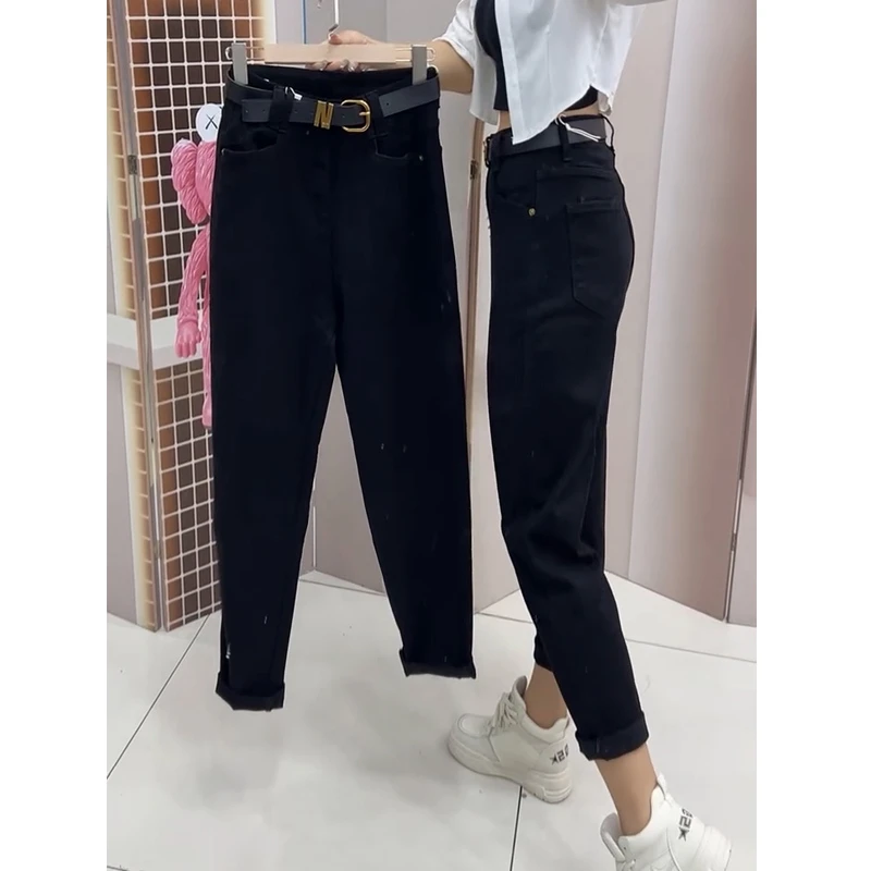 黑色老爹牛仔裤女秋季2025新款大码高腰显瘦宽松弹力萝卜哈伦裤子