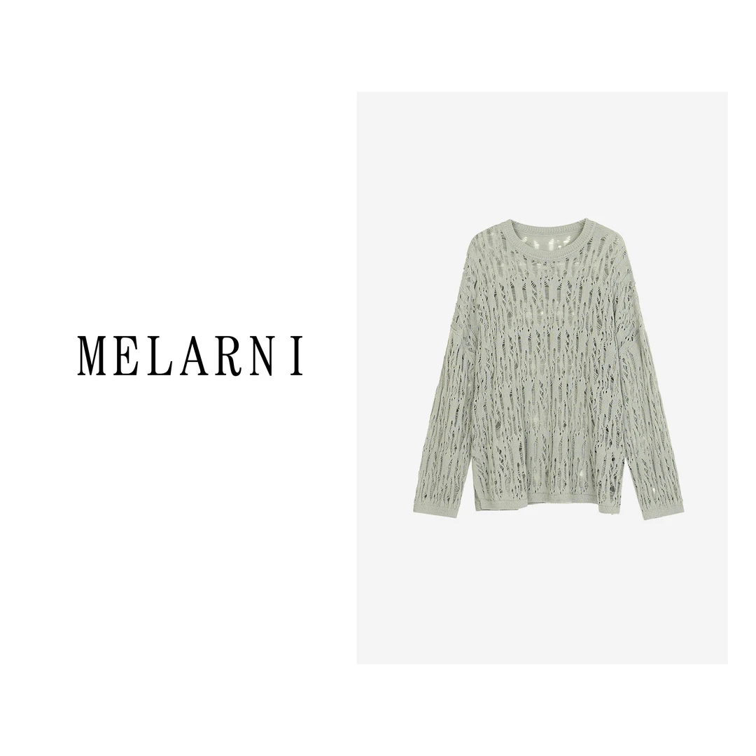 【MELARNI】气质长袖圆领亚麻钩花防晒微胖大码显瘦针织衫MLN12009
