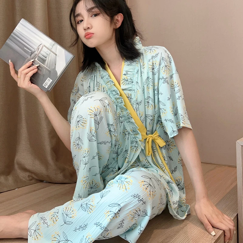 带胸垫睡衣少女士夏季日系卡通和服短袖薄款针织棉套装大码家居服