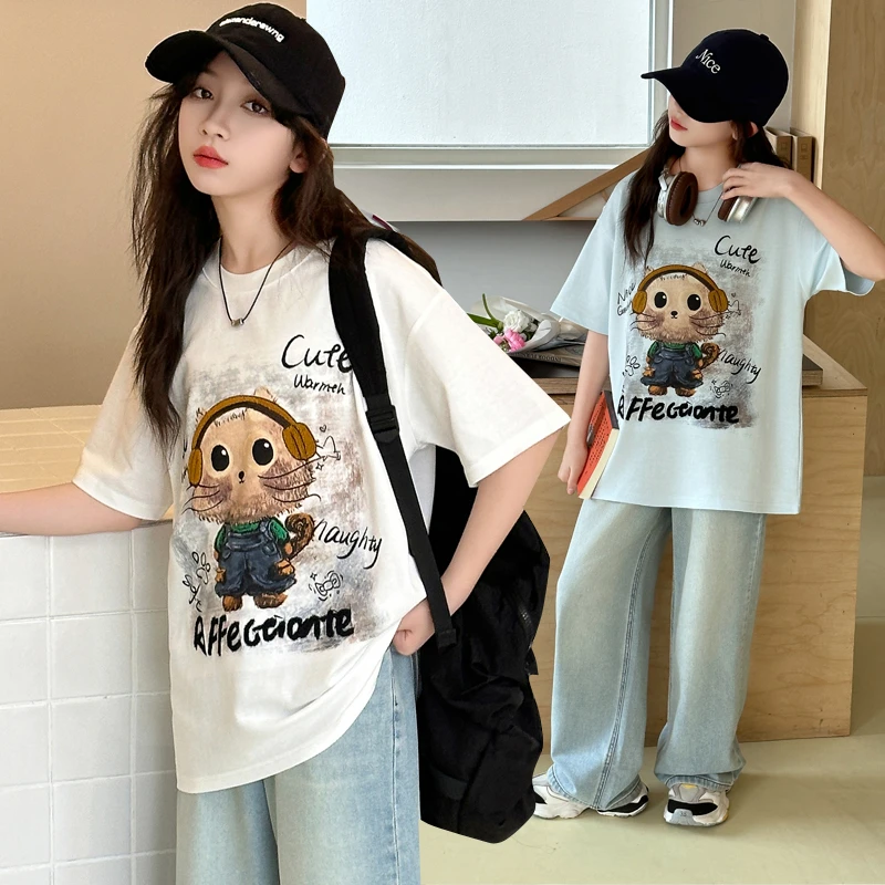 女童套装夏装2025新款儿童洋气阔腿牛仔裤女大童卡通T恤两件套潮