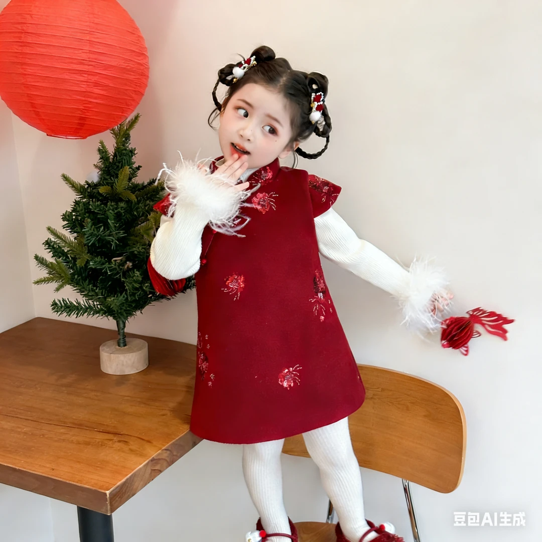 女童新中式冬季加绒刺绣旗袍裙洋气拜年礼服裙