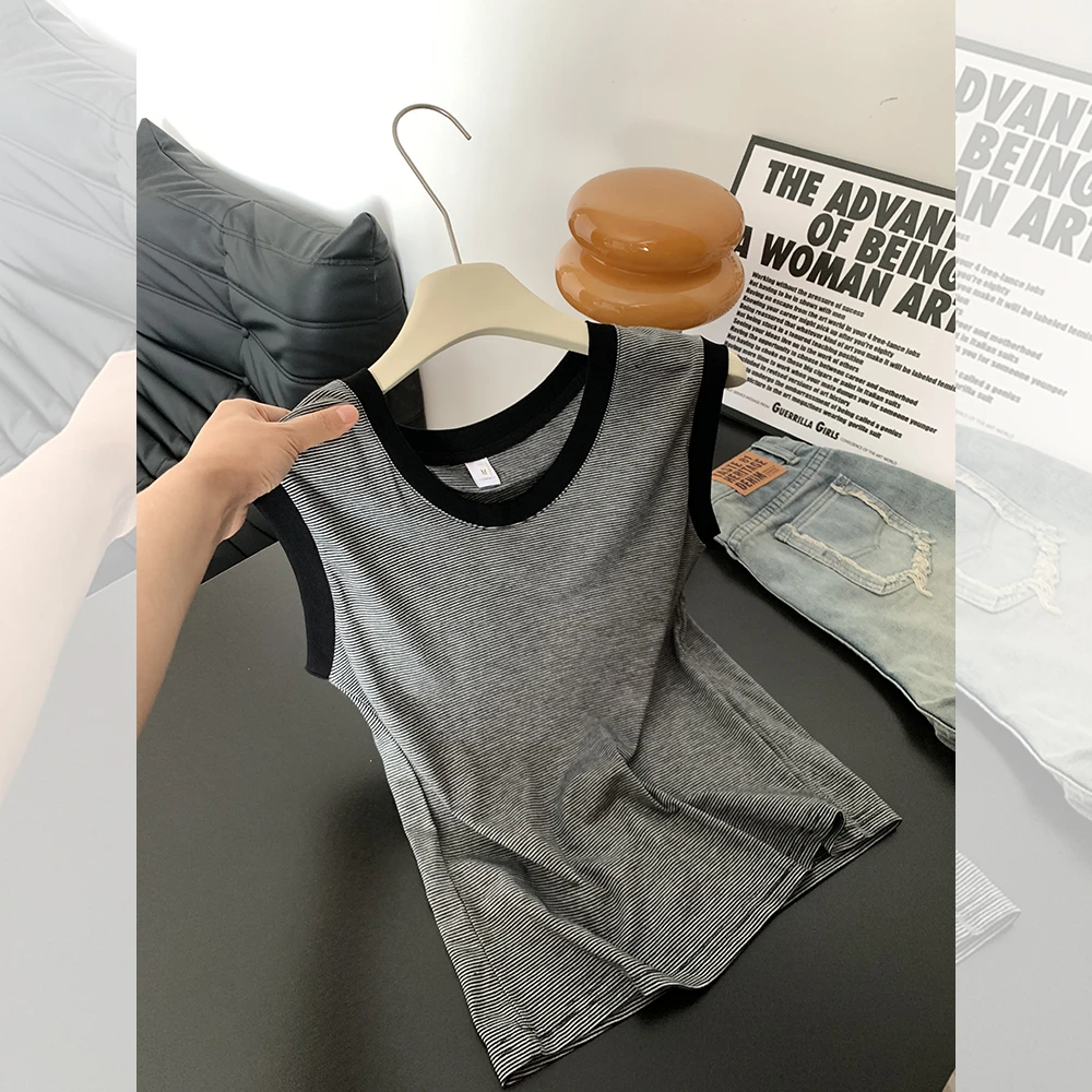 修身显瘦百搭上衣秋季内搭胖MM大码女装松弛感撞色条纹U领背心女