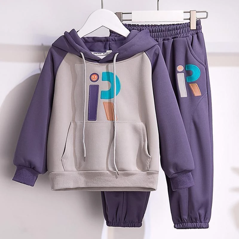 女童插肩袖拼色卫衣套装春秋新款2025洋气时髦儿童运动女孩两件套