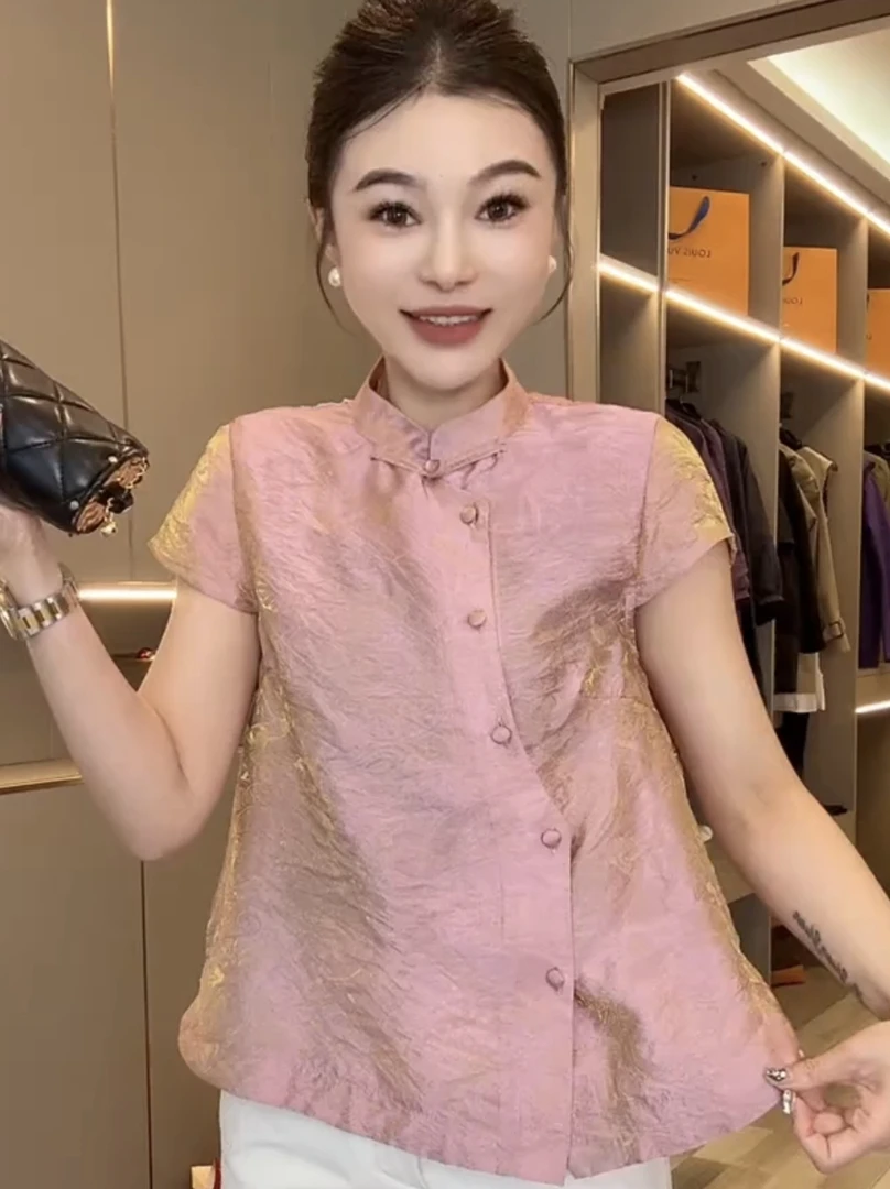 夏季舒适亲肤国风优雅提花飞飞袖女士上衣小衫衬衫复古立领气质