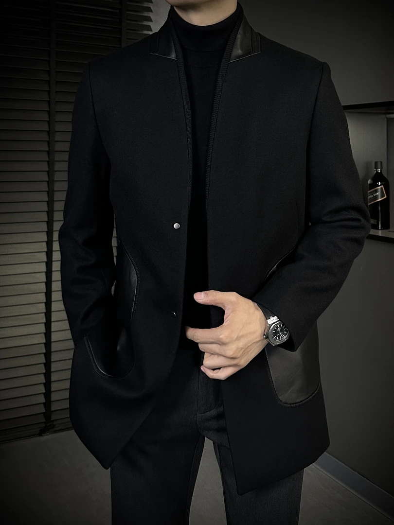 KING&GUCH秋季【羊毛混纺✚绵羊皮】新款男士休闲百搭大衣28D18