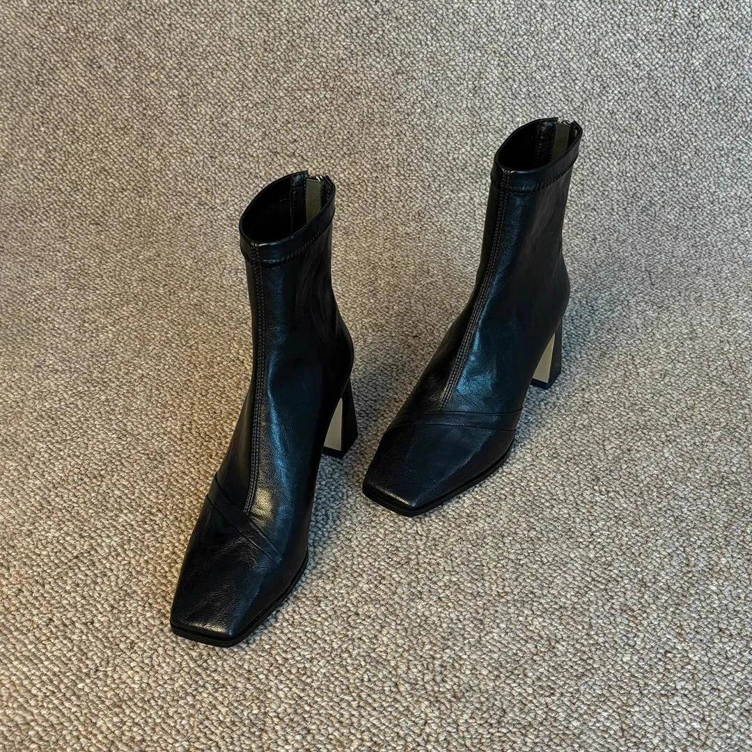 牛皮版~方头高跟气质百搭增高瘦瘦靴女真皮英伦风后拉链弹力短靴