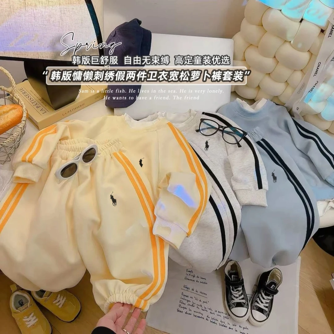 韩版慵懒刺绣假两件卫衣宽松萝卜裤套装春秋潮牌儿童洋气婴儿