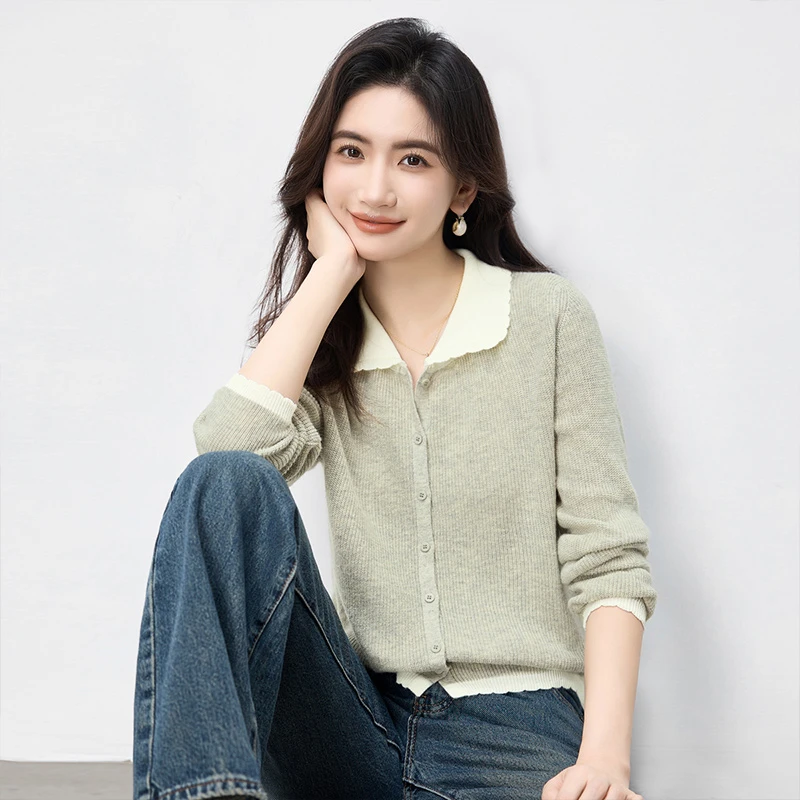 丝柏舍2025冬装新款女装长袖气质显瘦拼色翻领针织衫S43H0102Z