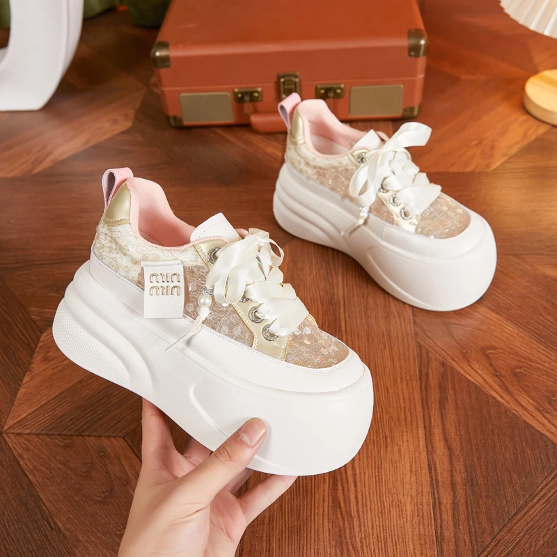 8cm亮片网面小白鞋女夏2025爆款时尚松糕厚底板鞋网红内增高女鞋