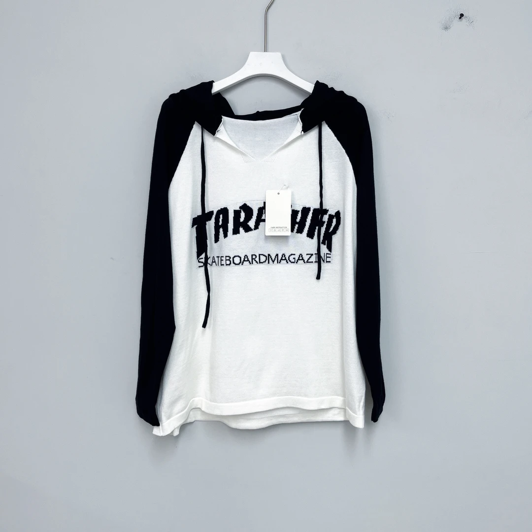 281女装衬衫百搭时尚休闲连帽黑白拼接打底