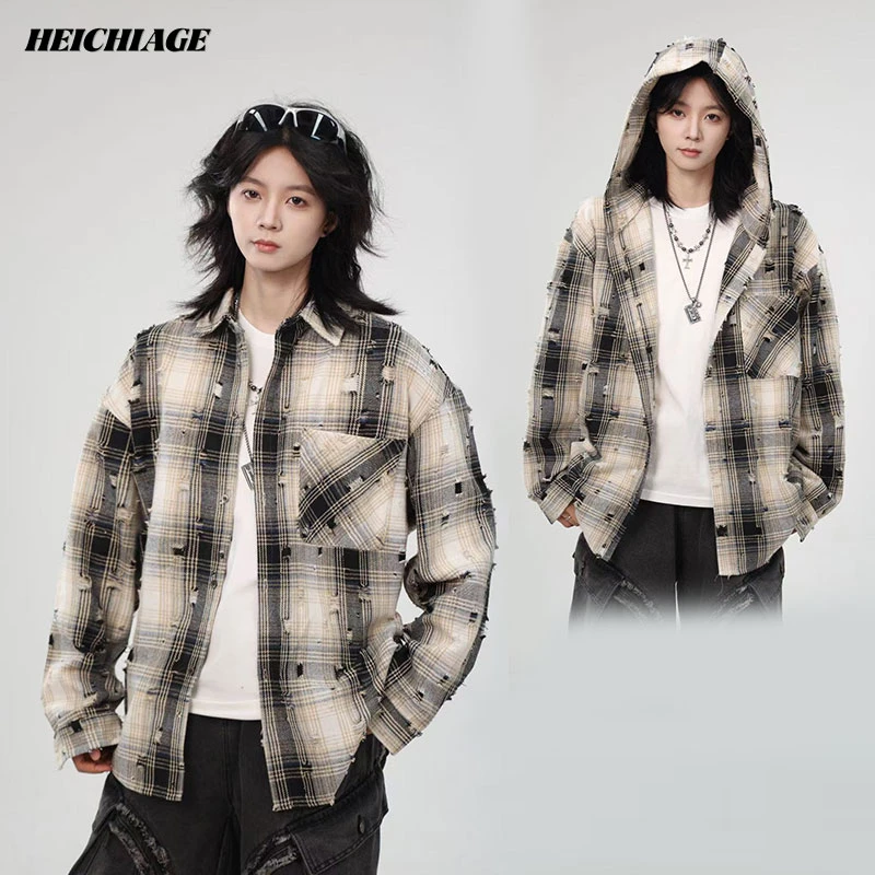 黑迟破洞磨破格子做旧长袖衬衫男女慵懒风宽松高街设计感外套